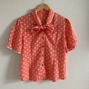 Coral Polka Dot Pussybow Blouse